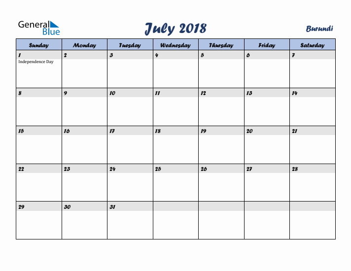 July 2018 Calendar with Holidays in Burundi