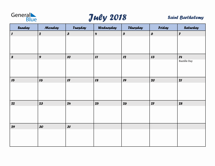 July 2018 Calendar with Holidays in Saint Barthelemy