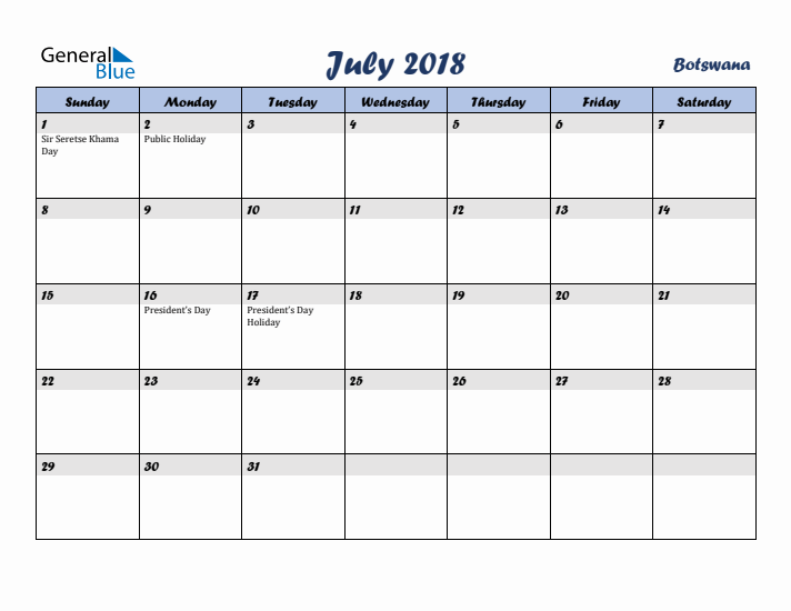 July 2018 Calendar with Holidays in Botswana
