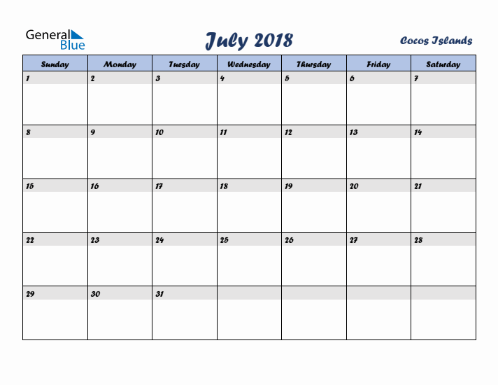 July 2018 Calendar with Holidays in Cocos Islands
