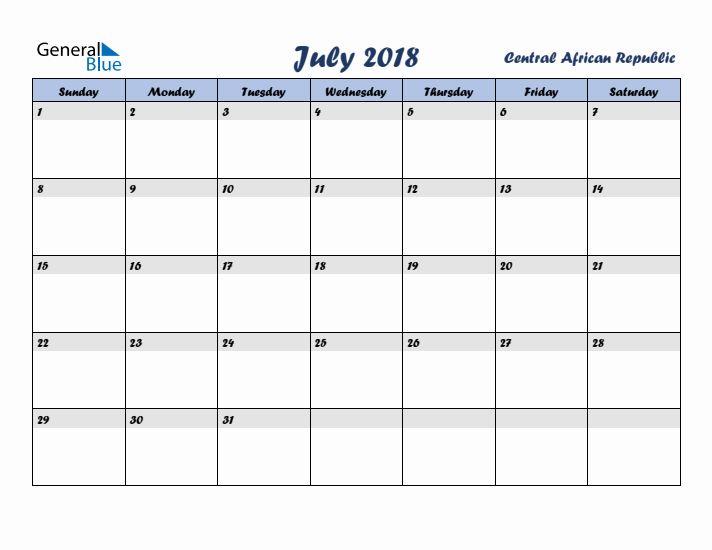July 2018 Calendar with Holidays in Central African Republic