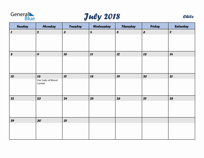 July 2018 Calendar with Holidays in Chile