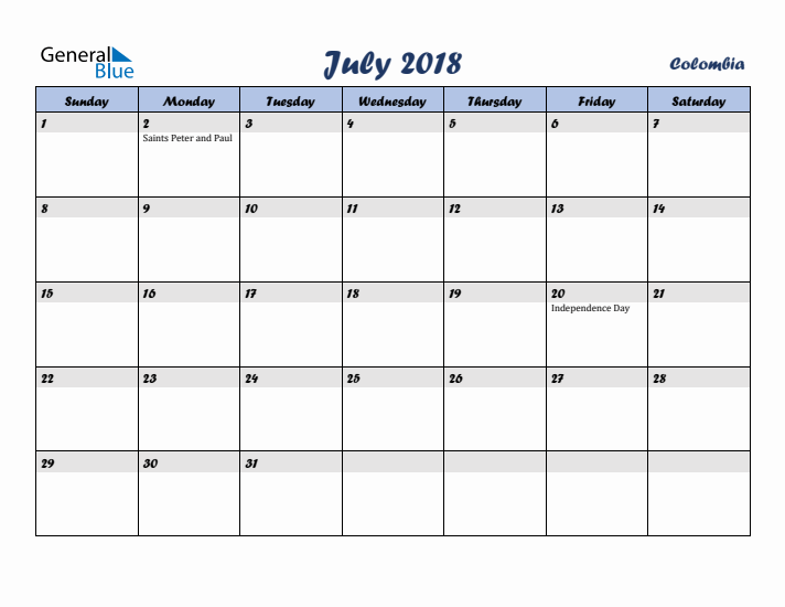 July 2018 Calendar with Holidays in Colombia