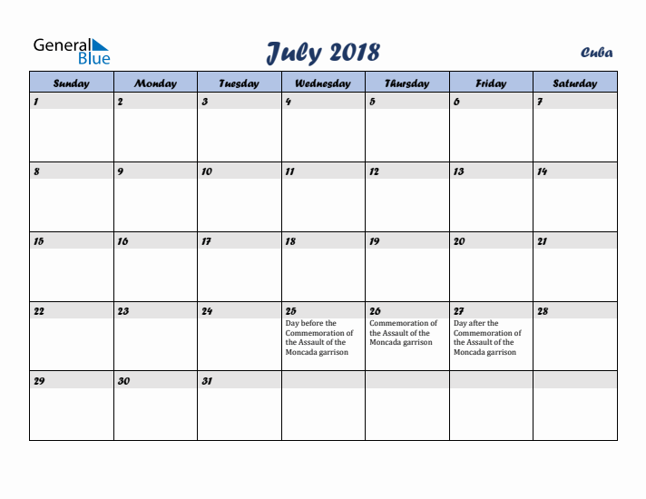 July 2018 Calendar with Holidays in Cuba