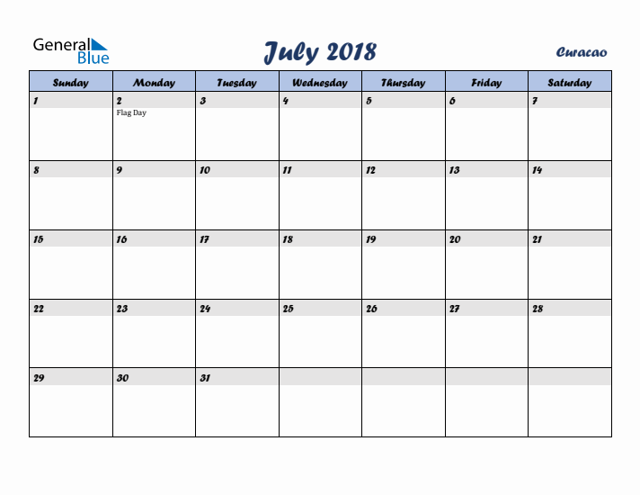 July 2018 Calendar with Holidays in Curacao
