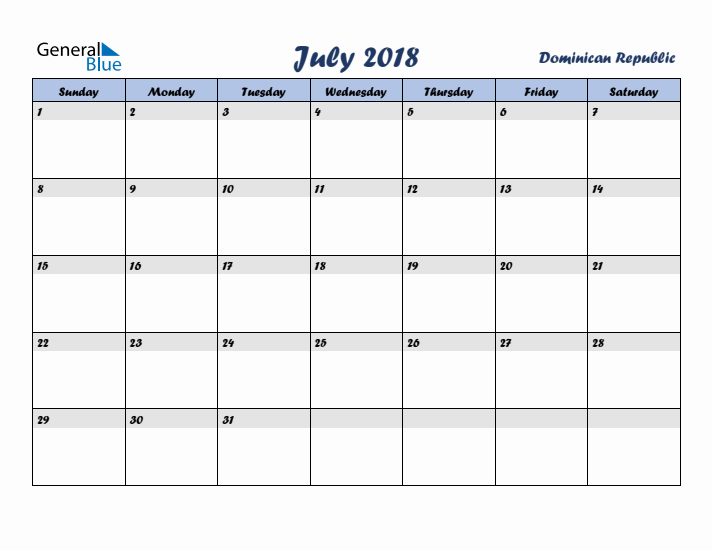 July 2018 Calendar with Holidays in Dominican Republic