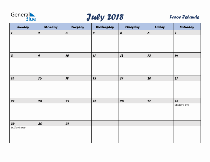 July 2018 Calendar with Holidays in Faroe Islands