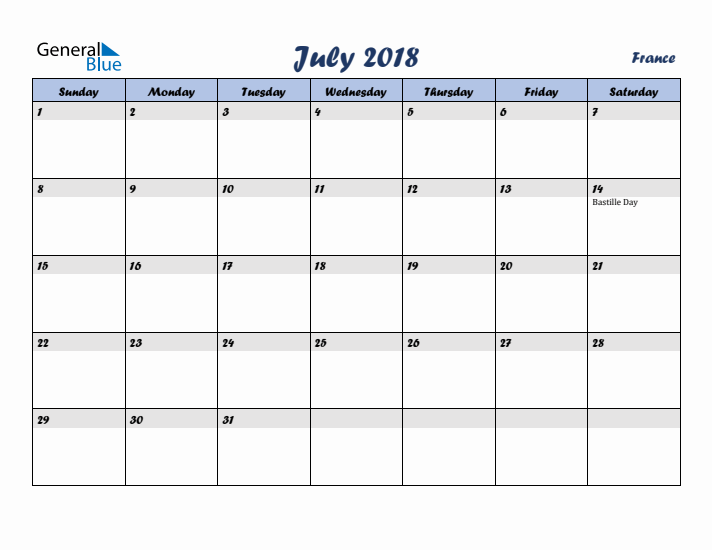 July 2018 Calendar with Holidays in France