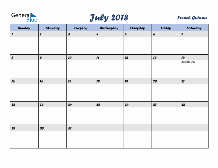 July 2018 Calendar with Holidays in French Guiana