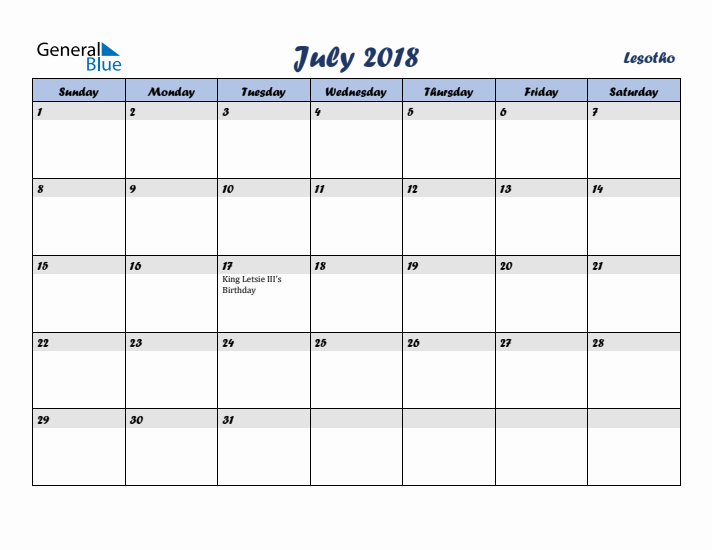 July 2018 Calendar with Holidays in Lesotho