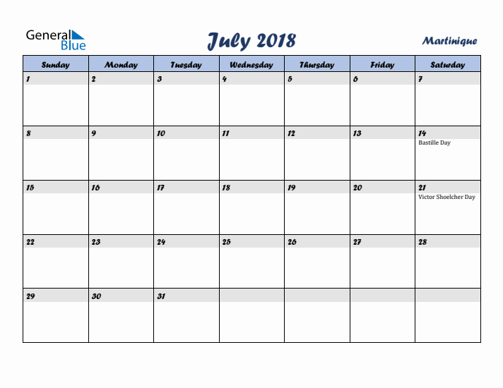 July 2018 Calendar with Holidays in Martinique