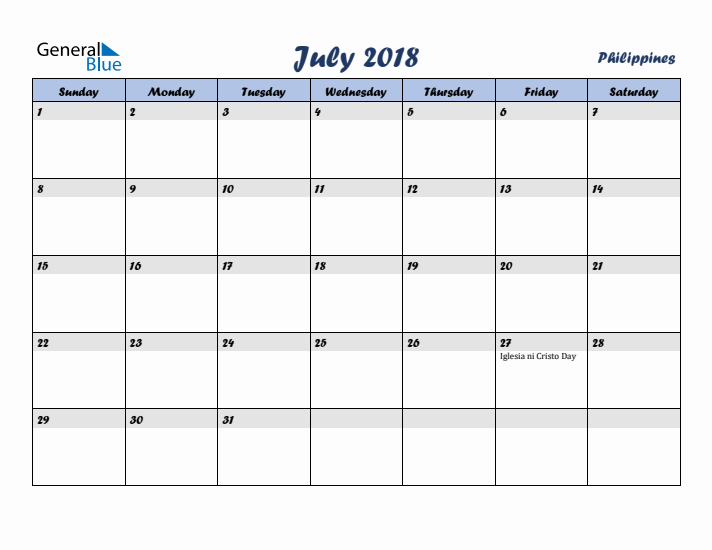 July 2018 Calendar with Holidays in Philippines