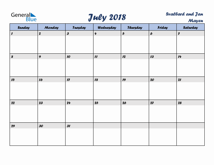 July 2018 Calendar with Holidays in Svalbard and Jan Mayen