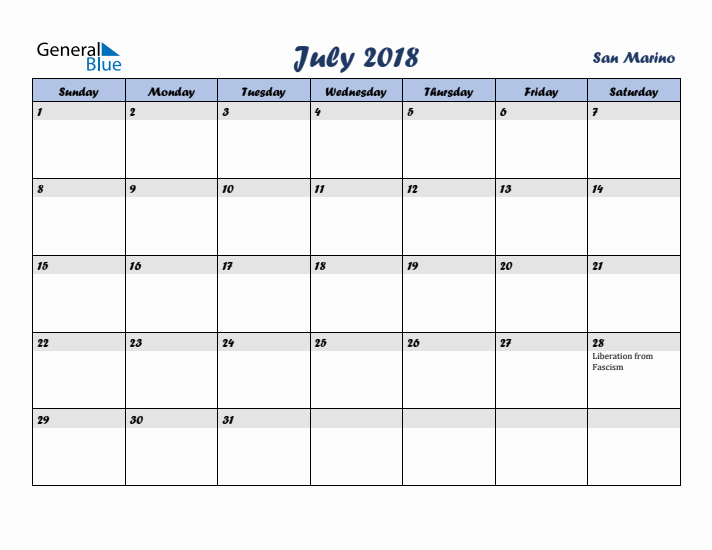 July 2018 Calendar with Holidays in San Marino
