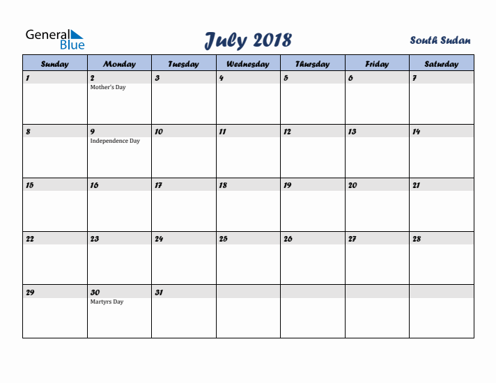 July 2018 Calendar with Holidays in South Sudan