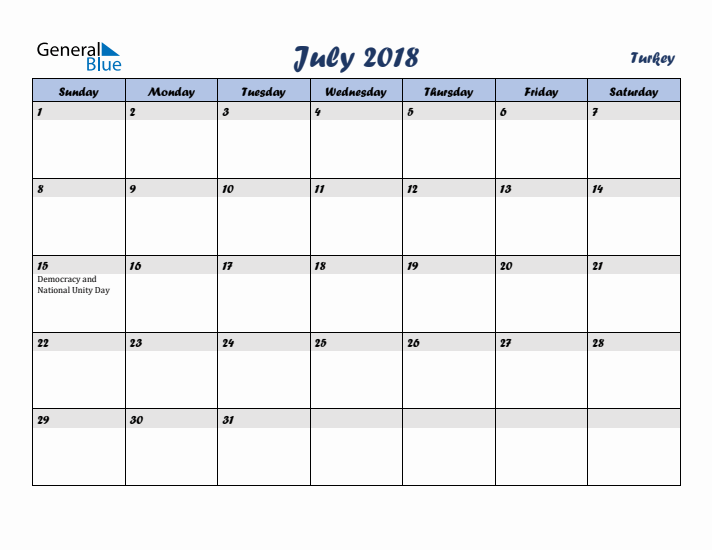 July 2018 Calendar with Holidays in Turkey