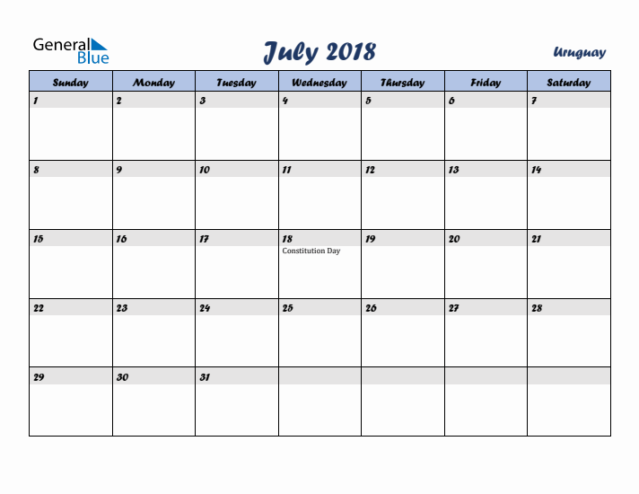 July 2018 Calendar with Holidays in Uruguay