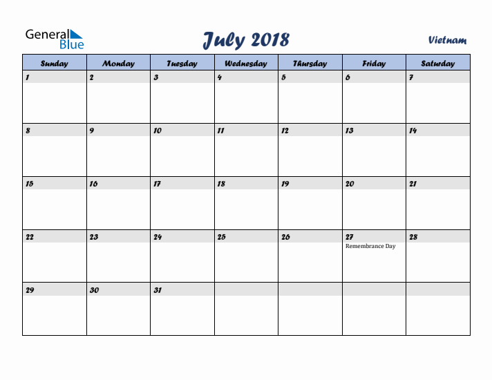 July 2018 Calendar with Holidays in Vietnam