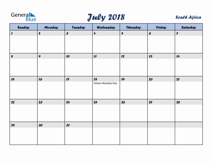July 2018 Calendar with Holidays in South Africa