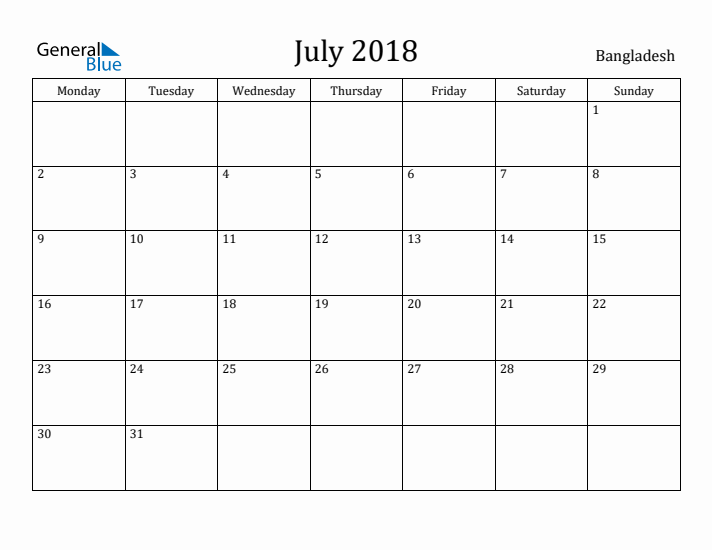 July 2018 Calendar Bangladesh