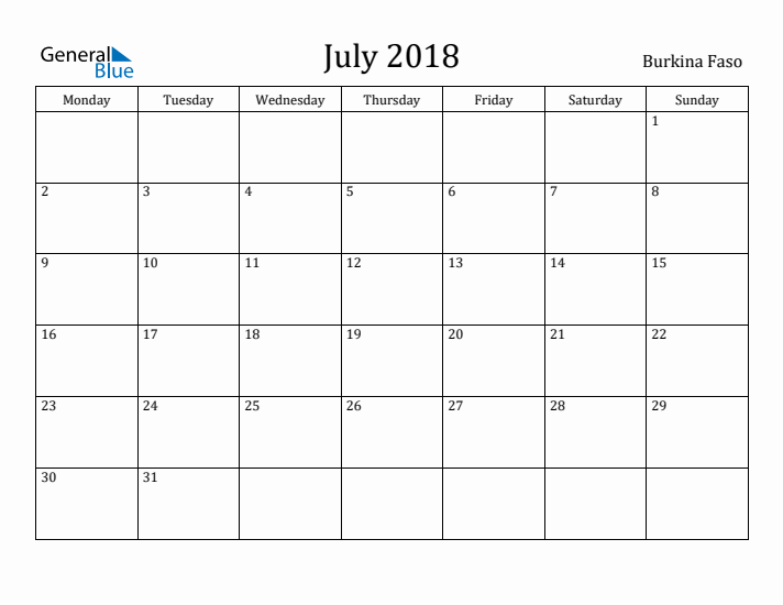 July 2018 Calendar Burkina Faso
