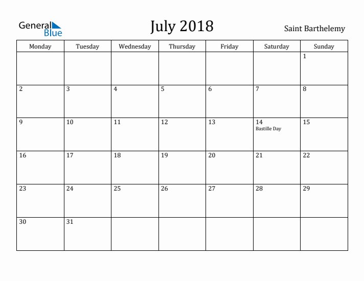 July 2018 Calendar Saint Barthelemy