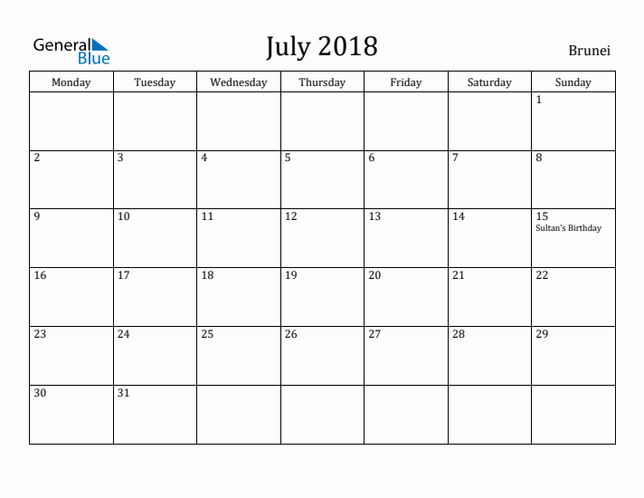 July 2018 Calendar Brunei