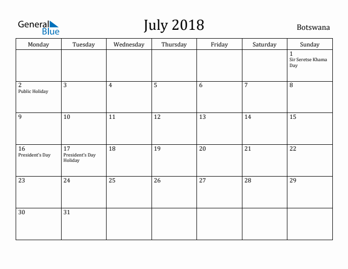 July 2018 Calendar Botswana