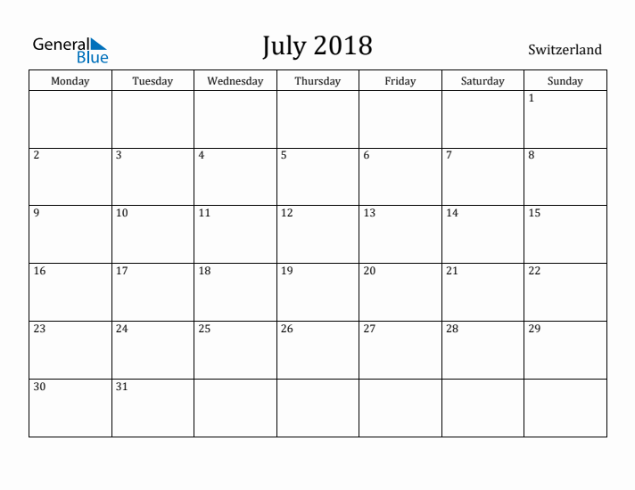 July 2018 Calendar Switzerland