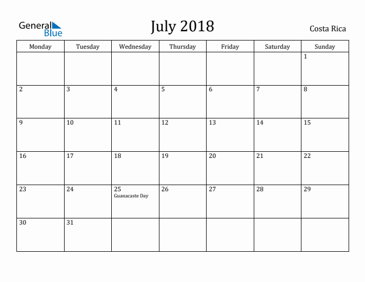 July 2018 Calendar Costa Rica