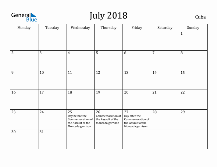 July 2018 Calendar Cuba