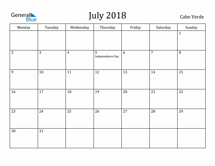 July 2018 Calendar Cabo Verde