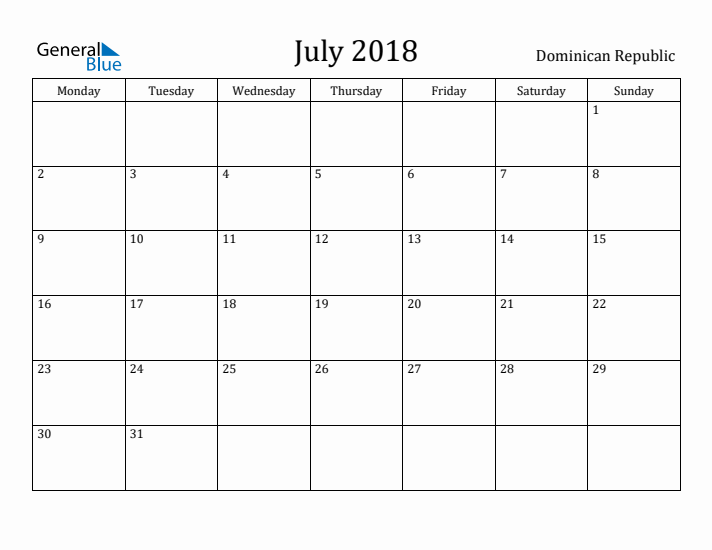 July 2018 Calendar Dominican Republic