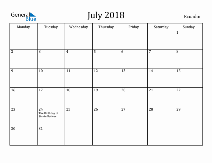 July 2018 Calendar Ecuador