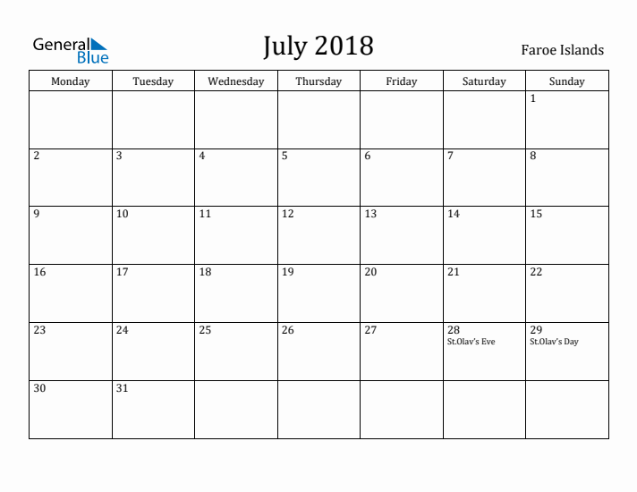 July 2018 Calendar Faroe Islands
