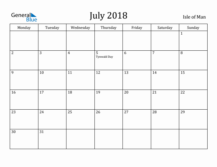 July 2018 Calendar Isle of Man
