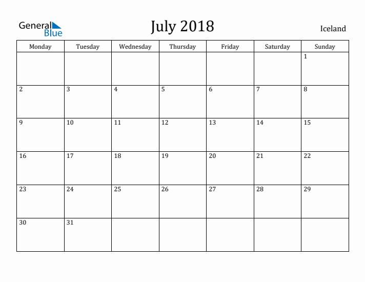 July 2018 Calendar Iceland