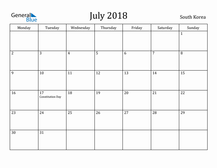 July 2018 Calendar South Korea