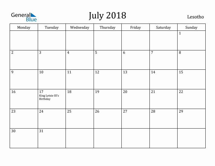 July 2018 Calendar Lesotho