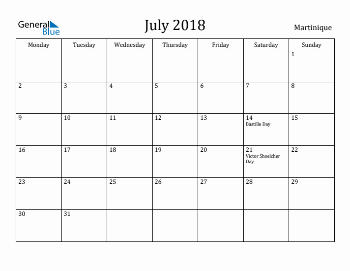 July 2018 Calendar Martinique