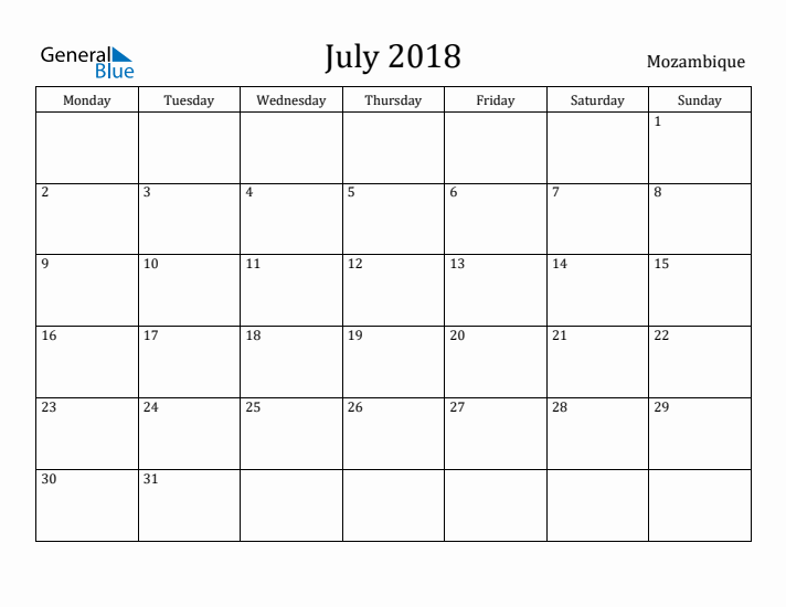 July 2018 Calendar Mozambique