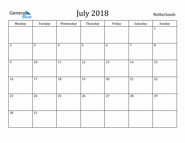 July 2018 Calendar The Netherlands