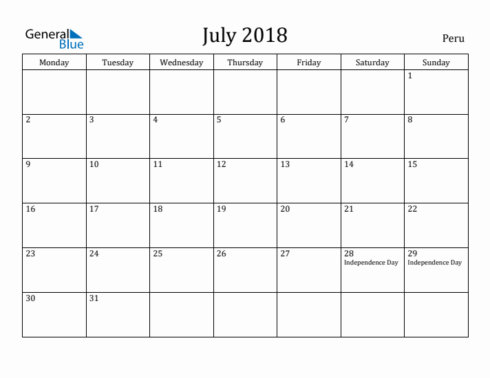 July 2018 Calendar Peru