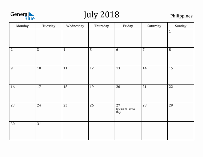 July 2018 Calendar Philippines