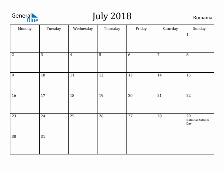 July 2018 Calendar Romania