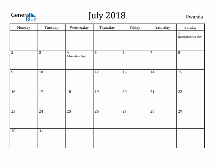 July 2018 Calendar Rwanda