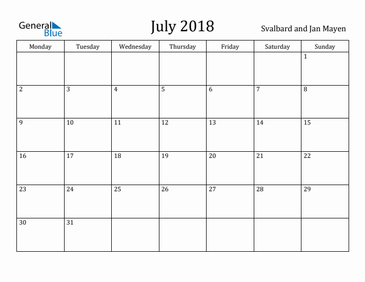 July 2018 Calendar Svalbard and Jan Mayen