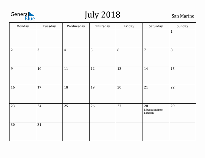 July 2018 Calendar San Marino