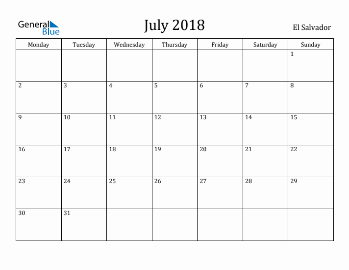 July 2018 Calendar El Salvador