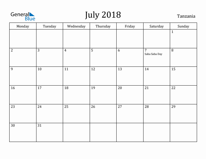 July 2018 Calendar Tanzania